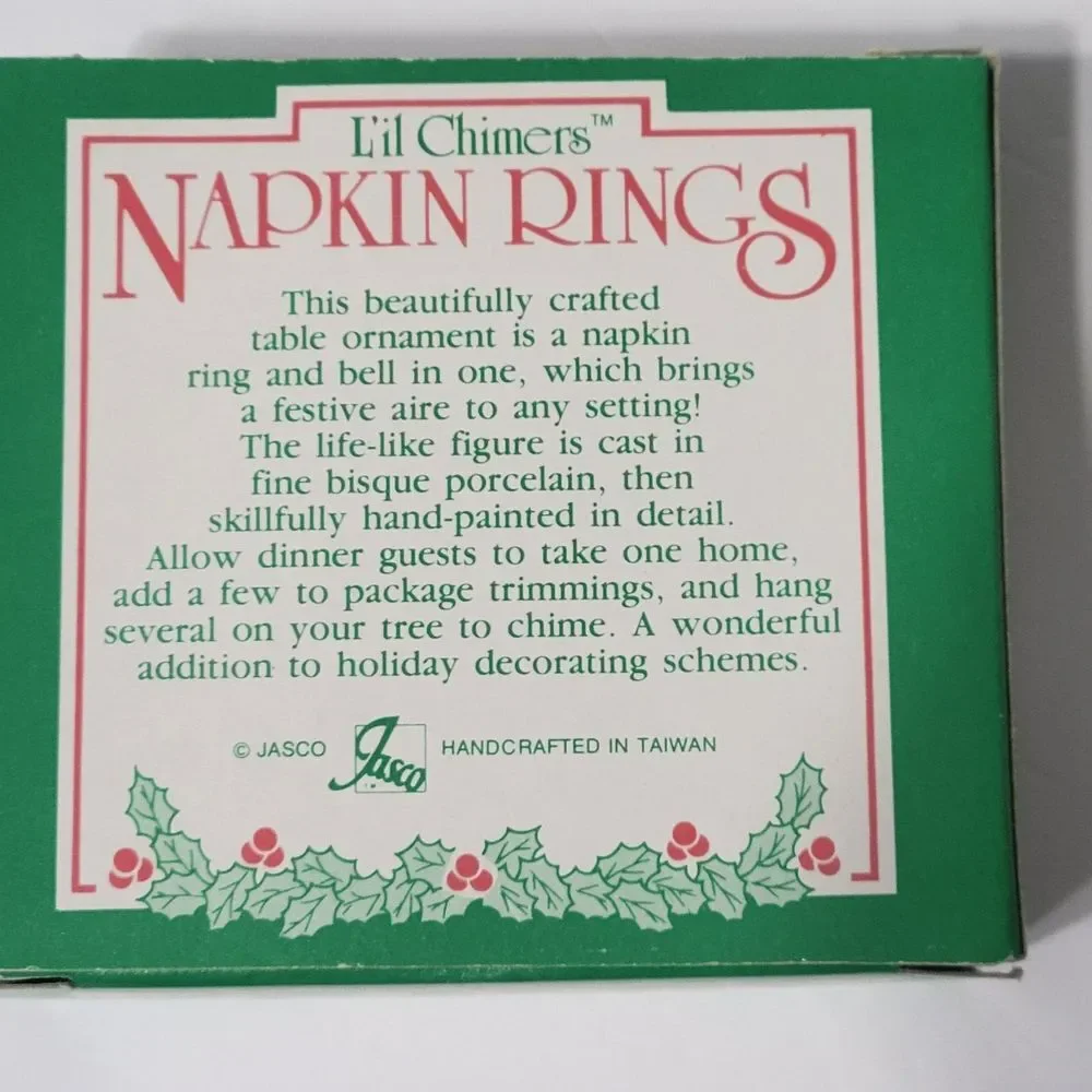 Jasco Lil Chimers Christmas Porcelain Napkin Rings Set of 4 Angel Snowman Santa